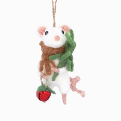 Wool White Mouse w Branch/Red Bell