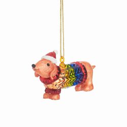 Sausage Dog in a Rainbow Jumper Shaped Bauble