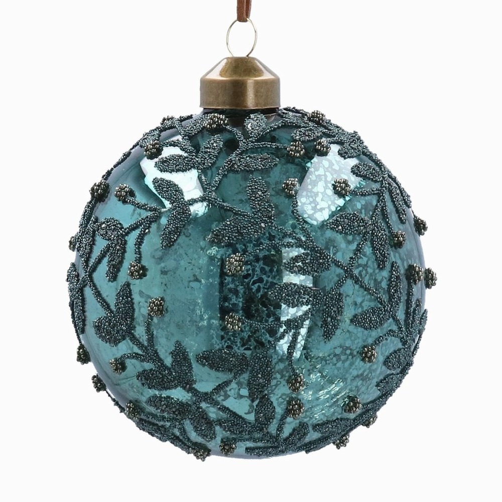 Antique Teal Beaded Glass Bauble