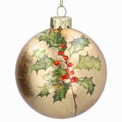 Gold Leaf Red Holly Glass Bauble