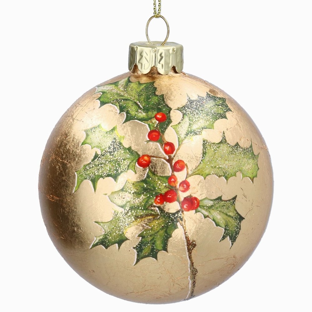 Gold Leaf Red Holly Glass Bauble