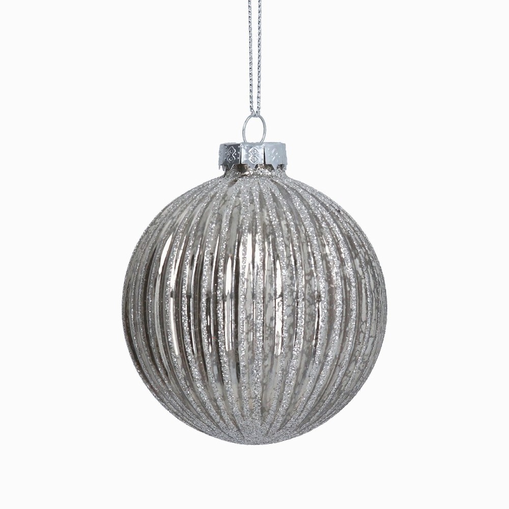 Shiny Silver Ribbed Glass Bauble