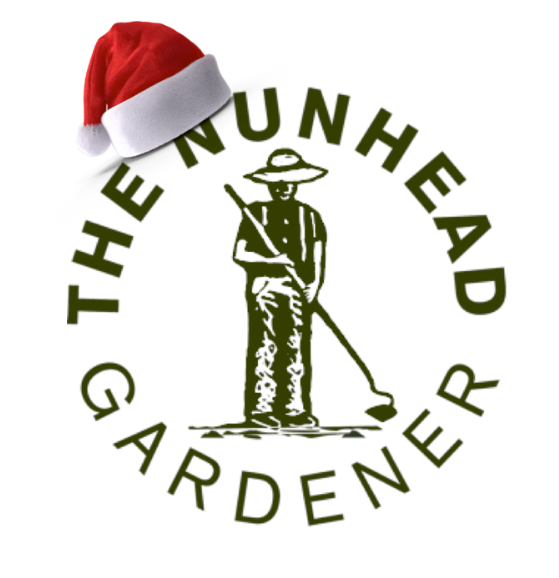 the nunheadgardener christmas themed logo with a farther christmas hat